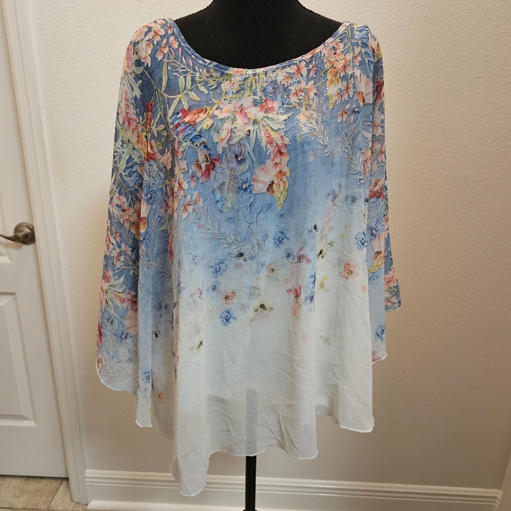 One World Womens 2 Piece Top Embellished Sheer Poncho Blouse with Attached Tank